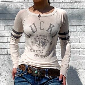 Lucky Brand Y2K Thermal Graphic Long Sleeve Top XS Fitted Waffle Knit